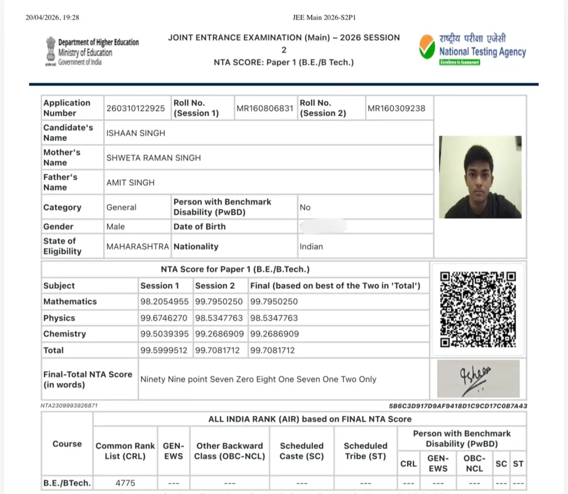 JEE Maths coaching online result — Ishaan Singh 99.79 percentile Mathematics JEE Main 2026
